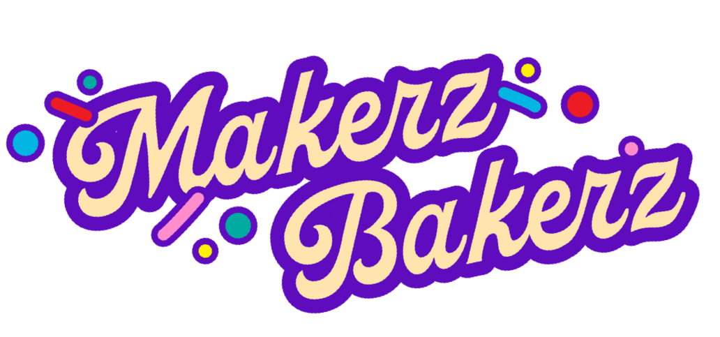 Makerz Bakerz logo with purple outline and confetti